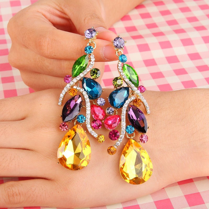BriLove Bohemian Boho Dangle Earrings for Women Crystal Multi Teardrop Filigree Cluster Chandelier Jewelry Multicolor Colorful Gold-Toned - Image 5